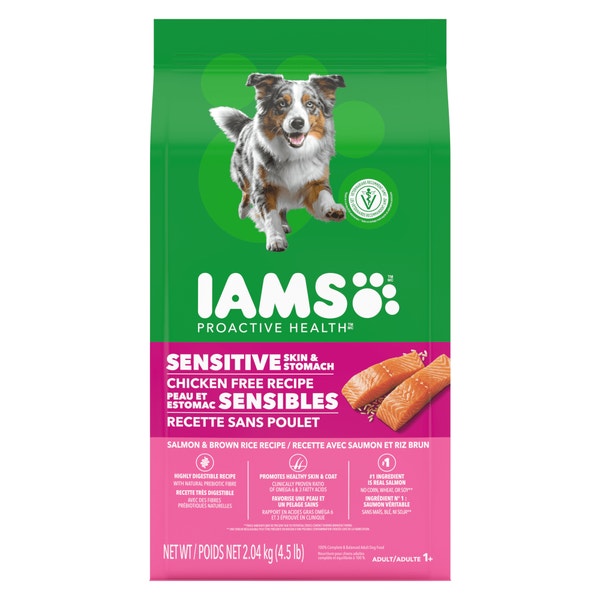 IAMS Proactive Health Sensitive Skin & Stomach Adult Dry Dog Food Salmon & Brown Rice Recipe, 2.04 kg bag image 1
