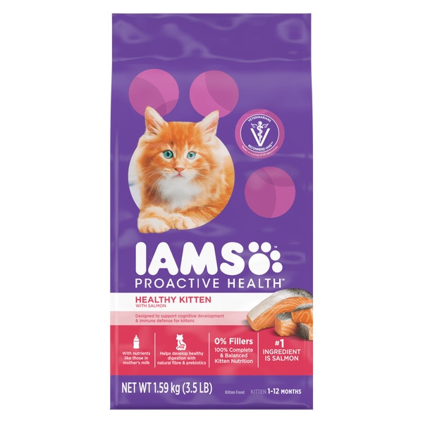 IAMS PROACTIVE HEALTH Healthy Kitten Dry Cat Food with Salmon, 1.59kg Bag image 1