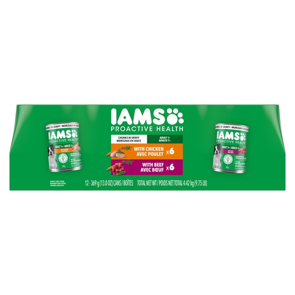 IAMS Proactive Health Adult Chunks in Gravy With Chicken and With Beef Wet Dog Food Variery Pack, 369g (12 cans) image 1